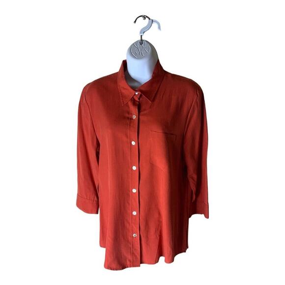 Silklano 100% Silk Blouse Womens Size Medium 3/4 Sleeves Button Front Shirt Red - Picture 3 of 5